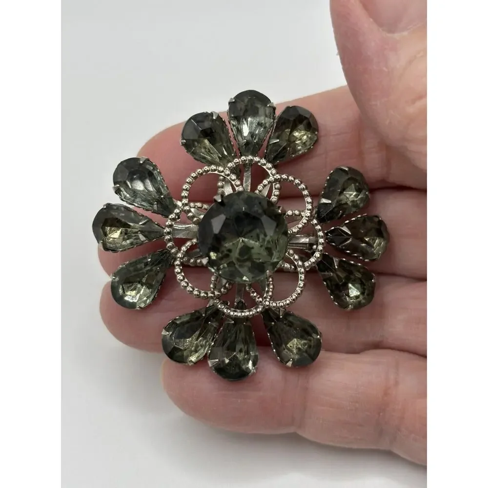 Vintage‎ Rhinestone Brooch Smoky Black Navette Silver Tone J1-3011